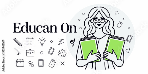 Educan on A woman with books and educational icons displayed