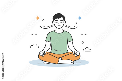 People breathing deeply. A seated person with straight posture, hands on knees, slow breath indicated by soft curved lines. The mood is