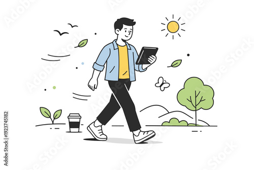 Spring work life balance concept flexible work. A person holding a tablet while walking outdoors, surrounded by light spring elements,