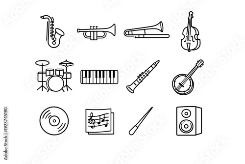 Swing Instrument Icons. Swing music instruments. Line icon set of Swing music instruments: saxophone, trumpet, trombone, double bass, drum set, piano keyboard,