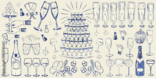 A celebratory sketch featuring champagne glasses bottles and a tiered tower