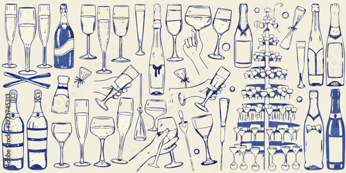 An artistic collection of sketched champagne bottles glasses and celebratory items