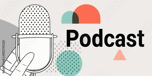 A vintage microphone illustration with the word podcast displayed prominently