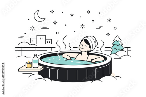 Winter rooftop hot tubs. A solo relaxation moment in a hot tub during snowfall, snowflakes drifting through warm steam, quiet luxury and