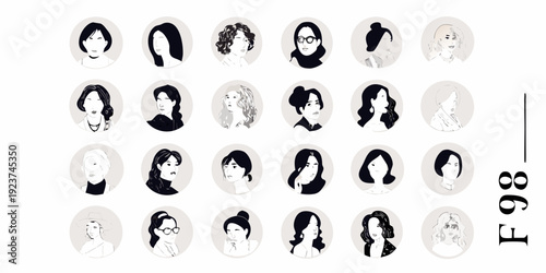 Collection of black and white portraits depicting diverse female hairstyles