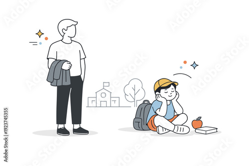 After-school pause. A parent standing still with a jacket draped over their arm while a child nearby rests or waits. Calm transition between activities and