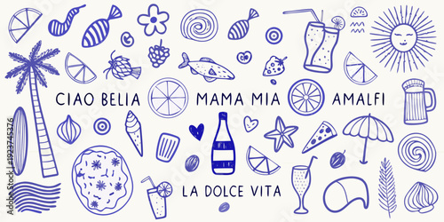 A colorful doodle collection featuring summer themes and italian phrases