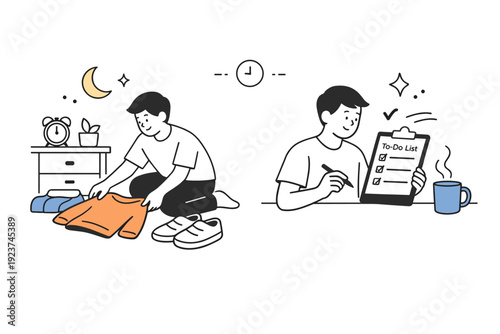 Sunday night routine. A person lays out clothes or checks a to-do list with calm, intentional gestures in a softly lit space. The mood is mellow and