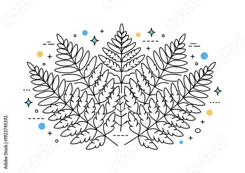 Symmetrical fern frond pattern with decorative elements and pastel dots