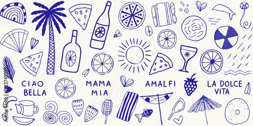 A whimsical doodle collection featuring italian summer themed illustrations