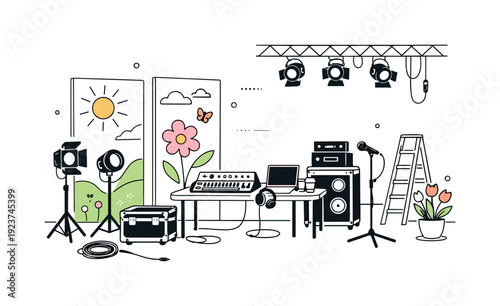 Recording studio setup with musical instruments, lighting, and decorative elements