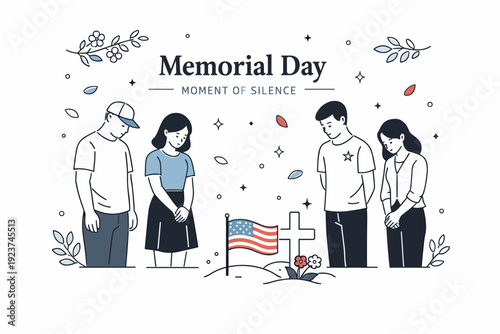 Memorial Day moment of silence. A respectful scene with people standing still, heads slightly bowed, surrounded by subtle spring symbols like leaves or