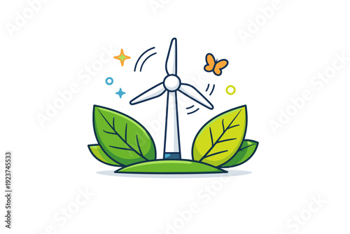 Green energy spring concept wind turbine surrounded by leaves and soft decorative accents, symbolizing movement, renewal and eco friendly progress. Minimalist