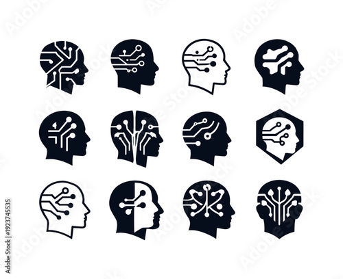 Collection of stylized human head profiles with integrated circuit board patterns