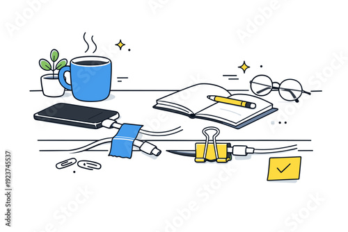 Temporary fixes visuals. Charging cable held in place with tape or a clip, surrounded by soft clutter on a table. Improvised solutions shown as gentle traces