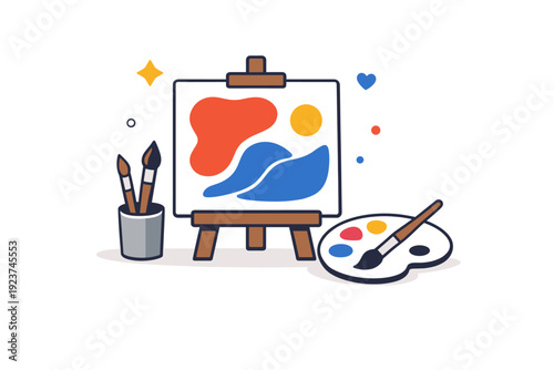 Creative Abstract Canvas. Art studio scene focused on handmade creativity canvas with bold abstract shapes taking form while brushes and palette rest nearby,