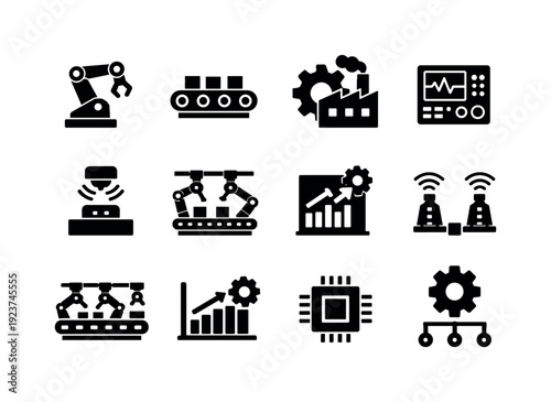 Automation in industries. Filled icon set of Automation in industries: robotic arm, conveyor