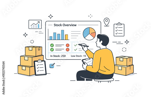 Inventory management. Person reviewing stock levels on a digital dashboard surrounded by boxes and simple charts. Calm analytical work and