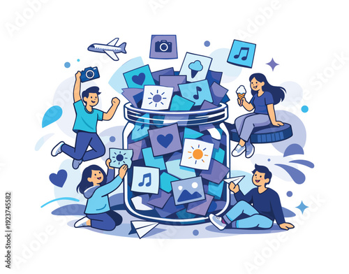 Capturing happy memories. A jar overflows with colorful notes, each marked with tiny symbols