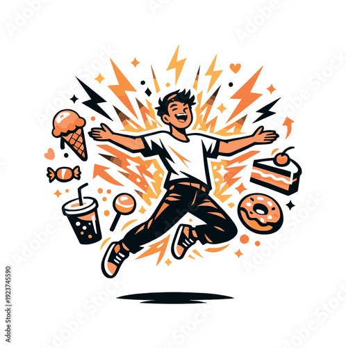 Sugar energy spike. Person glowing with short-term energy, lightning shapes and sweet icons