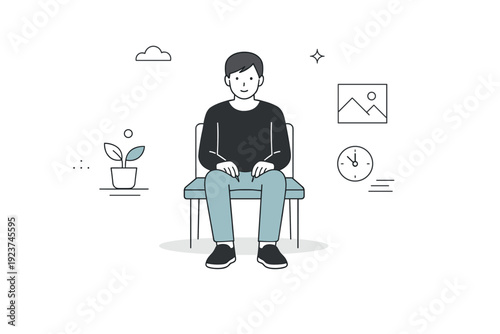 Emotionless presence. A seated figure looks forward or slightly down, with no visible emotion and no active objects around?just soft lines