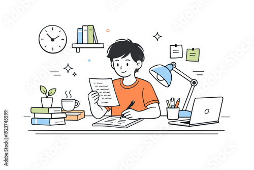 Students studying at home. A cozy study corner with books, a desk lamp, and a student reading notes. Peaceful learning routine, self-discipline and comfort