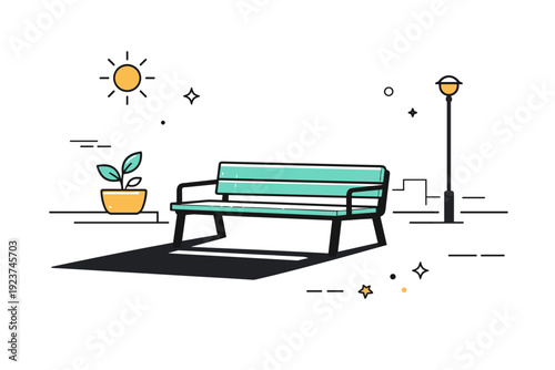 Benches without people. Minimal urban plaza with a bench positioned in morning light, long shadows stretching across clean pavement. Visual stillness and calm