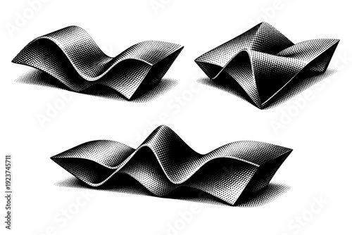 Halftone Wave Form. Halftone wave form folded wave slab, a solid wave-like form with broad surfaces and sharp directional bends presented as one object in