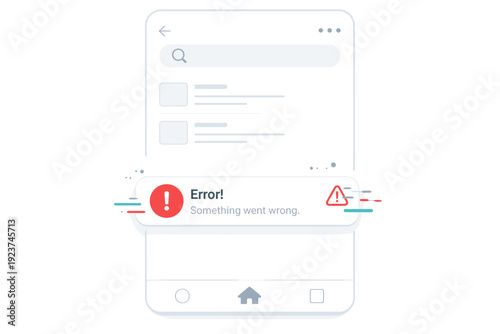Error messages aesthetics. A mobile interface shows an error toast notification with a small icon and soft glitch lines, subtly integrated