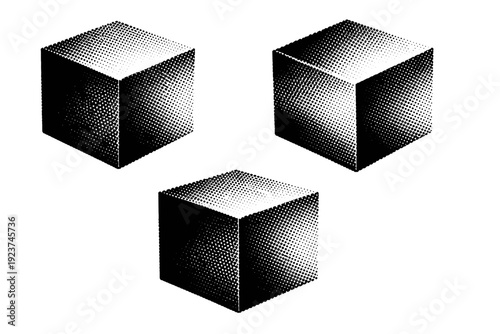 Abstract cube in halftone solid geometric cube, a single cubic object with clean edges and balanced proportions shown as the same cube from