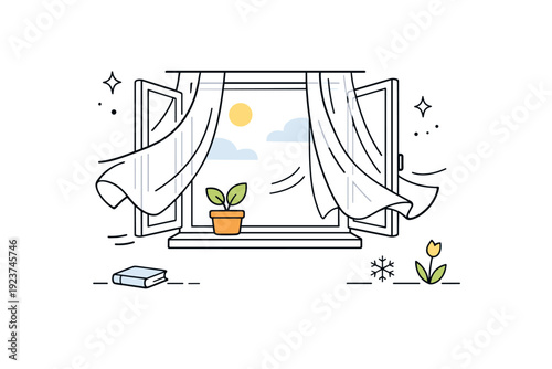 Open windows after winter. Curtains gently flow inward from an open window, no people present. Silent moment of change, air and light filling