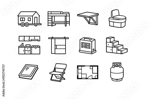 Tiny house living. Line icon set of Tiny house living: tiny house on wheels, loft bed, foldable table, composting toilet, compact kitchen,