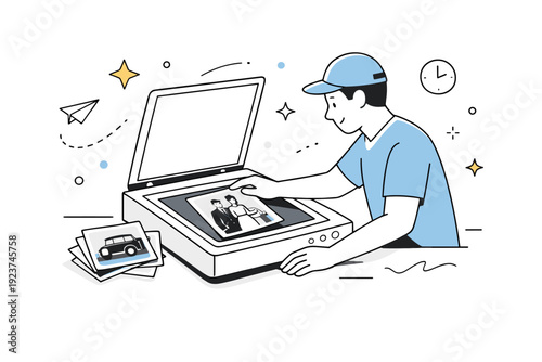 Scanning historical photographs. Technician placing old photos on a scanner, soft floating stars, dots, and abstract shapes adding calmness and editorial