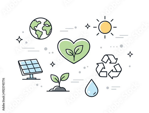 Eco sustainability symbols. A small collection of nature and planet icons floats gently, suggesting environmental care and balance. The