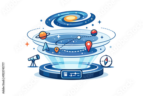 A holographic map of the universe with space navigation tools digital star chart with layered galaxies and route indicators, symbolizing