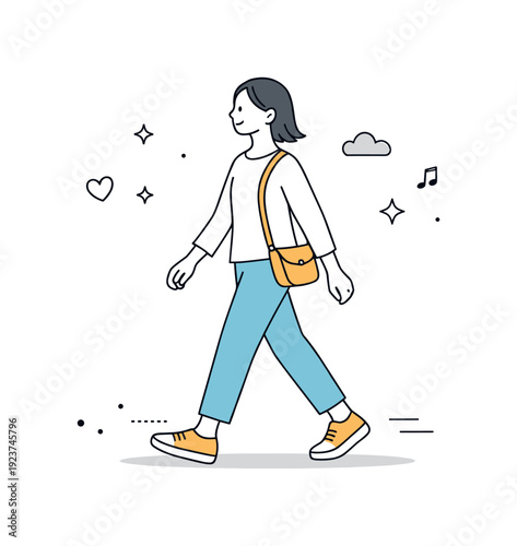 Young woman walking with a crossbody bag and a cheerful expression, simple line art style