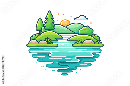 Riverbanks shown through a compact scenic metaphor of water reflections and layered ground shapes, conveying calm, continuity and natural