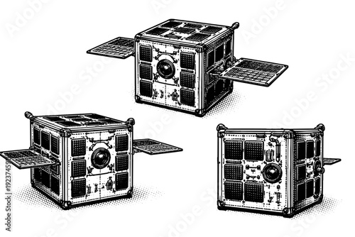 Satellite object compact cube satellite with cubic body, surface-mounted components, and small deployable panels, rendered in front view,