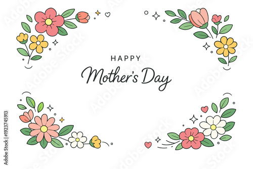 Mother?s Day floral frames. Soft floral border framing empty center space for a greeting, delicate flowers and leaves arranged with care.