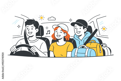 Spring weekend road trip fun. A cheerful car interior scene with friends smiling, sunlight coming through windows, and simple bags in the