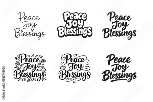 Peace Joy Blessings. Set lettering. harmonious lettering variations of the same emblematic concept, each with different artistic interpretation (Modern minimal