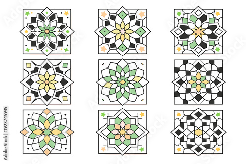 Islamic geometric spring patterns ? ornamental tiles. Repeating star and polygon patterns arranged like decorative tiles, softened with fresh