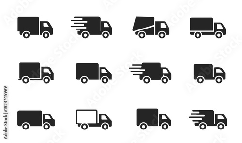 Set of delivery truck silhouettes on black background with multiple van shapes, box lorries, dump truck, and fast shipping icons with motion lines for transport and courier services.