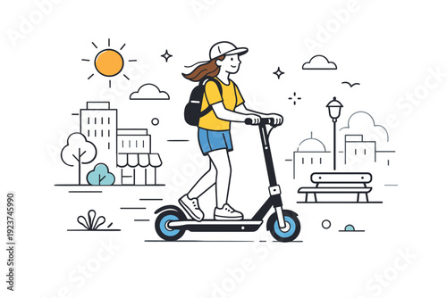 Scooter rides in summer cities. Person riding an electric scooter along a sunny city street with light buildings in the background. Easy