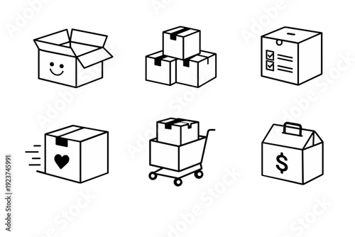 Solid package and warehouse icons showing happy open box, checklist parcel, stacked cartons, love package, dolly shipment and cash on delivery symbol, ecommerce operations set.
