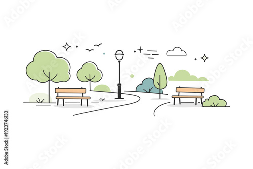 Muted color palettes. Outdoor scene with trees, benches, and pathways in gentle, desaturated shades. Peaceful urban or park environment conveyed through soft