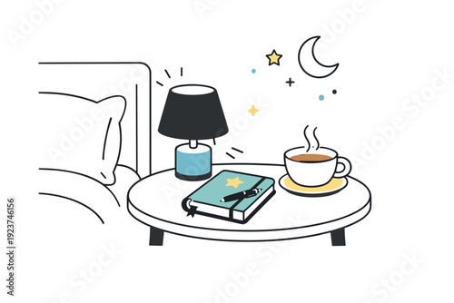 Personal corners of rooms. A bedside corner with a lamp, journal, and cup of tea on a small table. Editorial illustration of calm nighttime