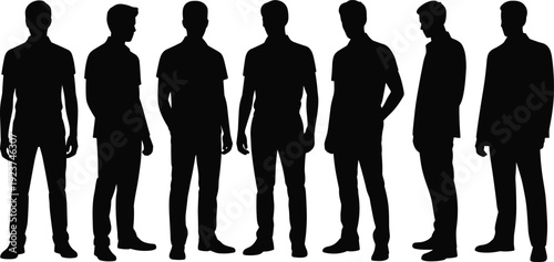 Black silhouette of young men standing in different poses, male figures isolated on white background, vector illustration for fashion, lifestyle and profile concepts.