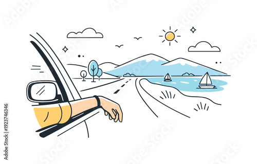 Road trips with windows down. Passenger resting an arm on the open window frame, feeling the wind while watching the scenery pass by.