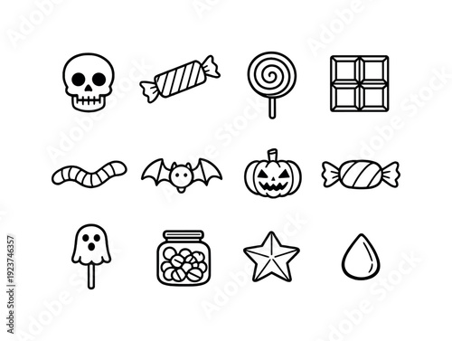 Spooky Candy Icons. Spooky candy fantasy. Line outline icon set of Spooky candy fantasy: candy skull, striped
